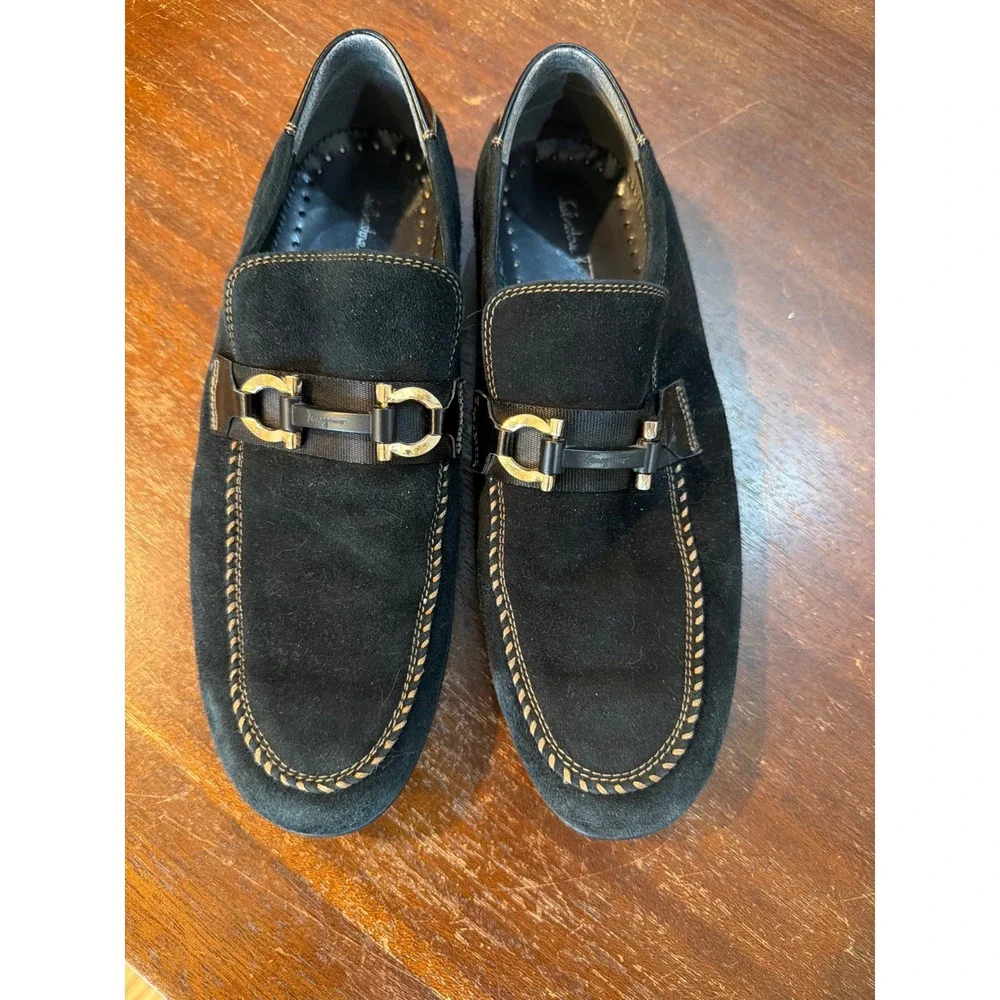 Salvatore Ferragamo Mens Black Suede Gancini Bit Loafers Driving Shoes 10.5 M